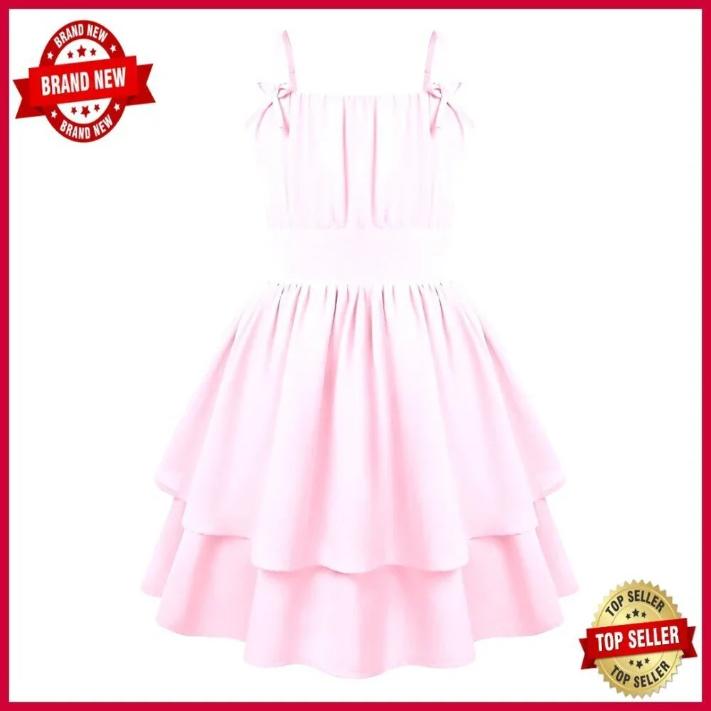 Girls Tiered Sundress Spaghetti Strap Ruched Smocked Bodice Flowy Party Dress